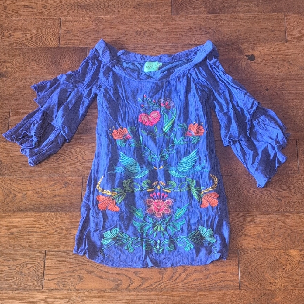 Judith March Blue Ruffled Embellished Blouse